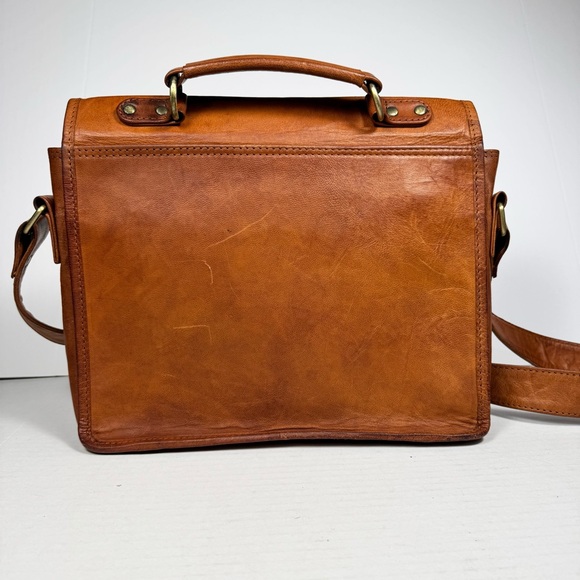 Vintage Distressed Cognac Leather Satchel Messenger Work Bag Laptop Brown - Picture 4 of 10